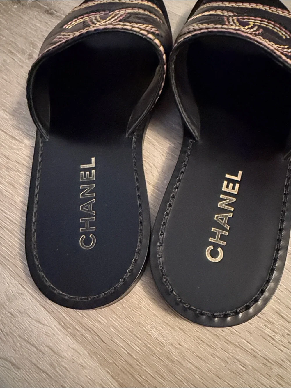CHANEL Black Leather Slide Sandals with Pink and Yellow Stitching